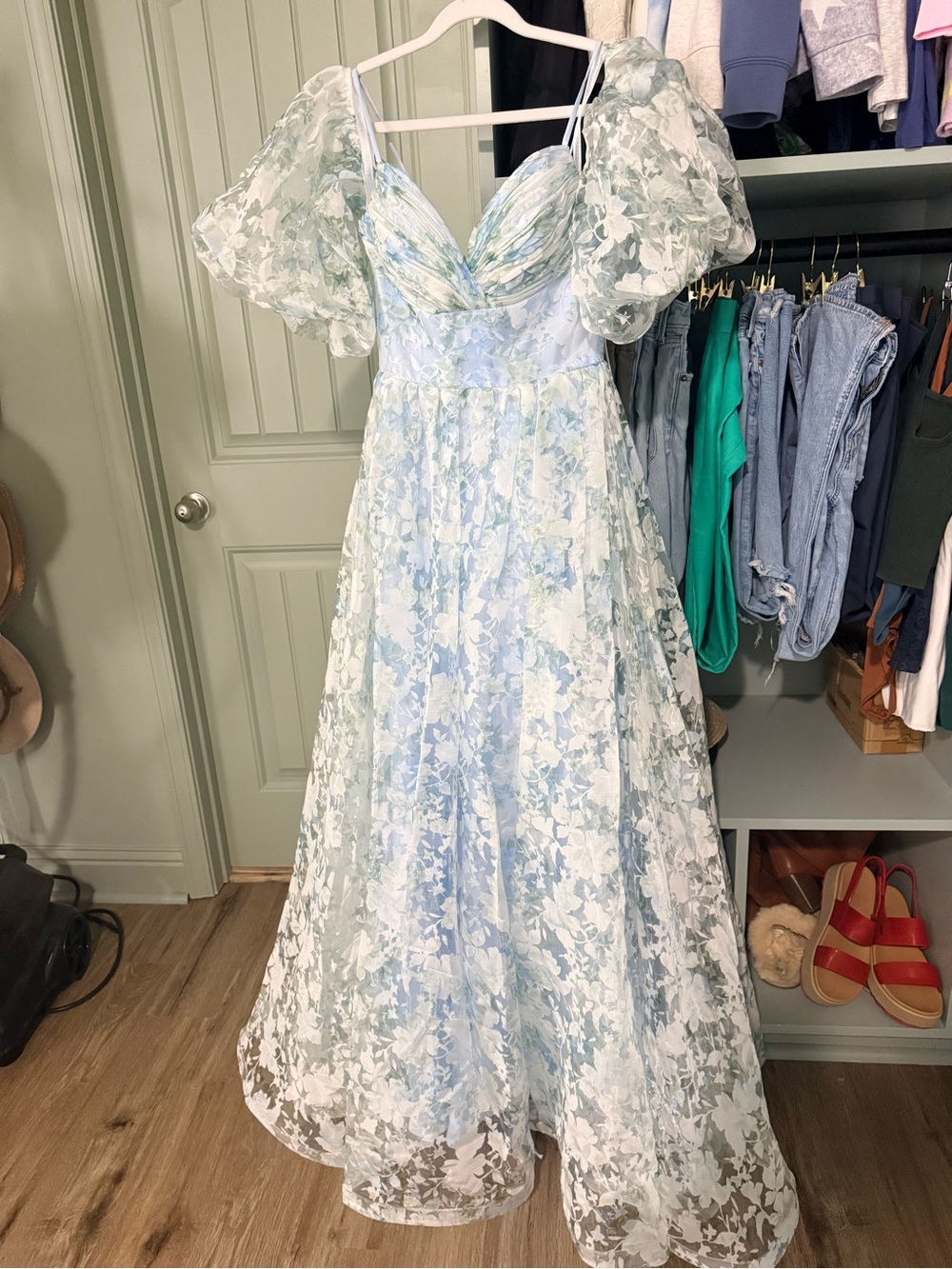 JVN by Jovani Pale Blue and White Floral Puff-Sleeve (detachable) Formal Dress